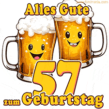 Zwei lustige Bierkrüge mit fröhlichen Gesichtern hüpfen auf und ab. Der Text lautet 'Alles Gute zum 57. Geburtstag'.