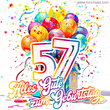 Ein lebendiges Geburtstags-GIF mit bunten Ballons, animiertem Konfetti, der Zahl 57 und den Worten 'Alles Gute zum Geburtstag' in dekorativer Schriftart.