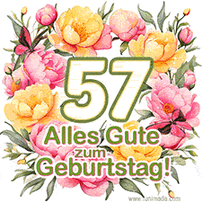 Ein elegantes GIF mit einem Blumenkranz in zarten Tönen, der großen Zahl 57 und den Worten 'Alles Gute zum Geburtstag'.