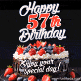 A birthday greeting card image. It features a chocolate cake with berries and the text 'Happy 57th Birthday. Enjoy your special day!'