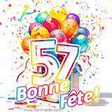 GIF pour un 57e anniversaire avec un grand chiffre 57, des ballons multicolores, des confettis et des rubans, accompagné du texte 'Bonne Fête!' sur un fond festif.