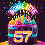 GIF animé pour un 57e anniversaire avec un gâteau au chocolat recouvert de glaçage arc-en-ciel, des bougies allumées, et le texte 'Bonne Fête' sur un fond étoilé et festif.