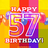 A birthday cake with lit candles is shown with colorful balloons and animated confetti.