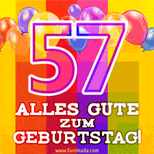 Große Zahl 35 in Umrissschrift, die Worte 'Alles Gute zum 57. Geburtstag', mehrfarbige animierte Ballons und lebendiger Hintergrund.