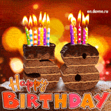 58th birthday GIF featuring a chocolate cake on bokeh background shaped as the number 58, with colorful lit candles on top. Happy Birthday text appears below in a bold font and pink, orange and red colors.