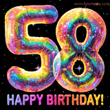 Shiny number 58 birthday celebration balloons with an iridescent glow and glitter on a black background with twinkling stars.