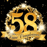 Il numero 58 è circondato da un anello dorato brillante, accompagnato da un nastro elegante con la scritta 'Buon Compleanno!' su uno sfondo scuro.