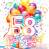 Animazione con palloncini colorati e scintillanti, accompagnata dal numero 58 in caratteri grandi e luminosi, e la scritta 'Tanti Auguri!' in stile vivace.