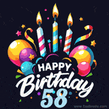 A celebratory sticker-themed 58th birthday animated image with lit candles, balloons, and streamers. The text reads 'Happy Birthday 58 with a stylized, dynamic font.