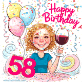 An animated birthday GIF featuring a smiling cartoon woman holding a glass of wine. Text reads 'Happy Birthday 58' surrounded by colorful balloons and confetti.