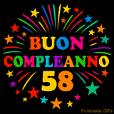GIF animata 'Buon Compleanno 58' con lettere colorate e fuochi d'artificio