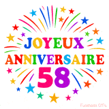 GIF animé joyeux anniversaire 58 ans avec étoiles multicolores et feu d’artifice