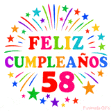 Imagen animada para felicitar los 58 años con letras de colores y diseño festivo.