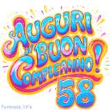 GIF animata con la scritta 'Auguri di Buon Compleanno 58' in colori vivaci e stile artistico festoso.