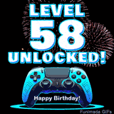 Animated GIF for a 58 birthday. The text 'Level 58 Unlocked!' and 'Happy Birthday!' are displayed over a blue video game controller with exploding fireworks in the background.