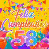 Un GIF animado para un 58º cumpleaños, Muestra el texto 'Feliz Cumpleaños 58' sobre un fondo amarillo vibrante con globos de colores, banderines y una lluvia de confeti.