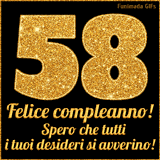 Un GIF animato per un 58° compleanno, Presenta il testo 'Buon Compleanno 58' su uno sfondo giallo vivo con palloncini colorati, festoni e una pioggia di coriandoli.