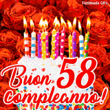 GIF animata per un 58° compleanno, Mostra una torta bianca con candeline colorate accese e coriandoli, di fronte a un muro di rose rosse, Il testo dice 'Buon 58 compleanno!'.