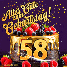 Eine köstlich aussehende animierte Geburtstagskarte für den 58. Geburtstag, dekoriert mit Erdbeeren, Blaubeeren und goldenen Details, Sterne funkeln und fallen, mit 'Alles Gute zum Geburtstag!'-Text.