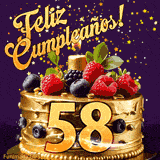 Una animación de celebración de una tarta para el 58º cumpleaños, Estrellas doradas caen del cielo, destacando el texto '¡Feliz Cumpleaños!' y el número dorado 58 en la tarta.
