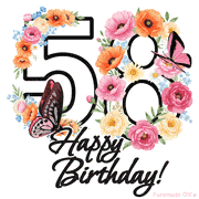 A floral 58th birthday animated greeting card. The number '58' is surrounded by animated flowers and butterflies, creating a beautiful and cheerful way to celebrate the milestone.
