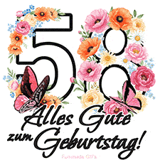 Ein florales GIF zum 58. Geburtstag. Die Zahl '58' ist von animierten Blumen und Schmetterlingen umgeben und bietet eine schöne und fröhliche Art, den Meilenstein zu feiern.