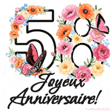 Ce GIF de Joyeux 58ème Anniversaire présente le nombre vingt rempli d'un bouquet vibrant de fleurs animées, avec des papillons qui bougent doucement sur un fond blanc.