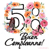 Questo GIF di Buon 58° Compleanno mostra il numero venti riempito con un vibrante bouquet di fiori animati, con farfalle che si muovono dolcemente su uno sfondo bianco.