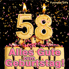 Eine Torte mit Schokoglasur, rosa Perlen und einer brennenden goldenen 58. Goldfarbene Schnipsel fallen herab. Text: Alles Gute zum Geburtstag! Erfahren.