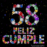 Las letras de FELIZ CUMPLE y el número 58 están hechas con relucientes gemas multicolores, sobre un fondo negro con destellos luminosos.