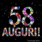 Il numero 58 e l'espressione Auguri disegnati da gioielli brillanti multicolori, circondati da piccole scintille su uno sfondo scuro.