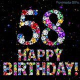 On a dark space, the number 58 and Happy Birthday phrase are built using colorful glittering jewels, accompanied by tiny animated twinkling bright shining stars.