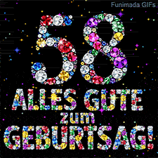 Schwarzer Hintergrund mit der aus bunten Diamanten geformten Zahl 58 und den Worten Alles Gute zum Geburtstag, umgeben von Glitzersternen.