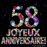 Le chiffre 58 et l'inscription Joyeux Anniversaire dessinés par des joyaux brillants multicolores, entourés de petites étincelles sur fond sombre.