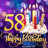 A frosted cupcake with burning candles next to a large gold number 58. Below is cursive Happy Birthday text against a sparkling purple bokeh.
