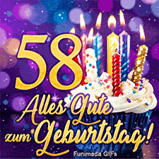 Neben der goldenen 58 steht ein dekorierter Cupcake mit brennenden Kerzen. Unten leuchtet der goldene Glückwunsch vor einem violetten Bokeh.