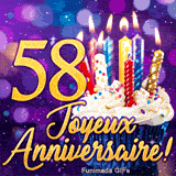 Carte animée 58 ans avec le chiffre 58 en or brillant, un petit gâteau illuminé et un décor de lumières bokeh.
