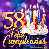 Tarjeta animada 58 años con el número 58 en oro brillante, un dulce pastelito iluminado y destellos de luz.