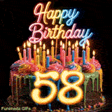 Spinning birthday cake GIF with rainbow frosting swirls, burning candles, and glowing yellow number 58 in front.