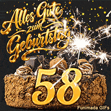 Ein leckerer Schokokuchen trägt die goldene Achtundfünfzig. Helle Wunderkerzenfunken und ein Schauer aus Goldsternen komplettieren das Motiv.