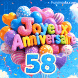 Le grand chiffre bleu 58 pend sous un énorme bouquet de ballons multicolores oscillant. Les lettres en 3D épellent Joyeux Anniversaire au centre.