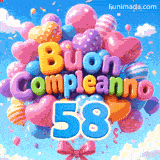 Il grande numero azzurro 58 pende sotto un enorme mazzo di palloncini multicolori che ondeggiano. Le lettere in 3D formano Buon Compleanno al centro.