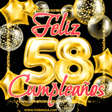 A large of balloons in various shapes, sizes, and colors with the words 'Happy Birthday' and a number 58