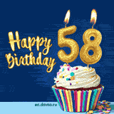 Animated 58th birthday GIF picturing a white creme cupcake with colorful sprincles and two golden candles shaped like the number 58. The text Happy Birthday in yellow appears above the treat against a blue background.