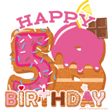 A whimsical happy 58th birthday image. The number '58' stylized as donuts. The word 'Happy' is pink while the word 'Birthday' is made from colorful cookies, completing the celebratory graphic.