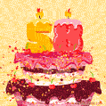 A festive, animated image of a birthday cake with lit candles forming '58'. Confetti and cherries adorn the tiered cake, for a 58th birthday.