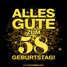 Ein GIF zum58. Geburtstag mit goldener Schrift und Feuerwerk auf schwarzem Hintergrund.