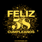 GIF animado con un diseño dorado, mostrando el número 58 rodeado de fuegos artificiales y luces que resaltan una atmósfera festiva y vibrante.