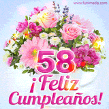 GIF de un colorido ramo de flores rosas, lilas y blancas, con el número 58 destacado en rosa y el mensaje '¡Feliz cumpleaños!' en un estilo encantador.