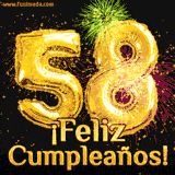 GIF animado con globos dorados en forma del número 58, acompañado de fuegos artificiales de colores y la frase '¡Feliz cumpleaños!' en letras vibrantes.